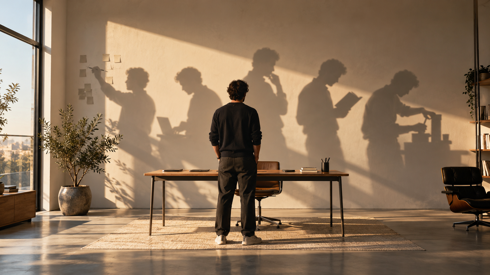 A man stands at a desk in a sunlit studio, facing a wall where his shadow repeats as five silhouettes: sketching on sticky notes, typing on a laptop, thinking, reading and building.