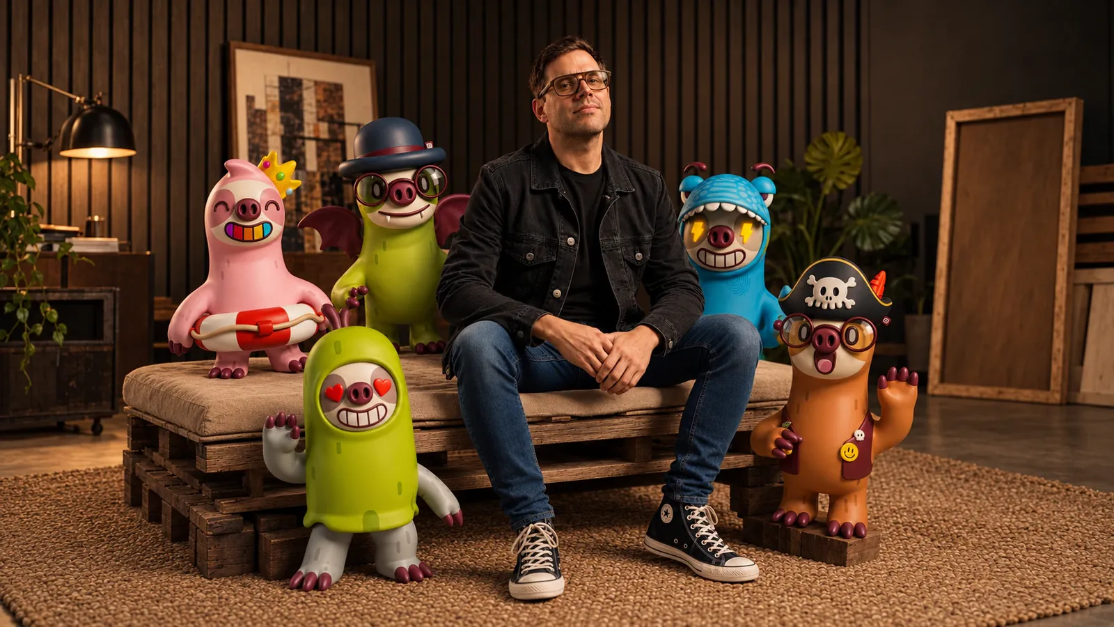 Ray Sanchez sitting on a low wooden bench, surrounded by five Sloooths character figures in a warm, dark room